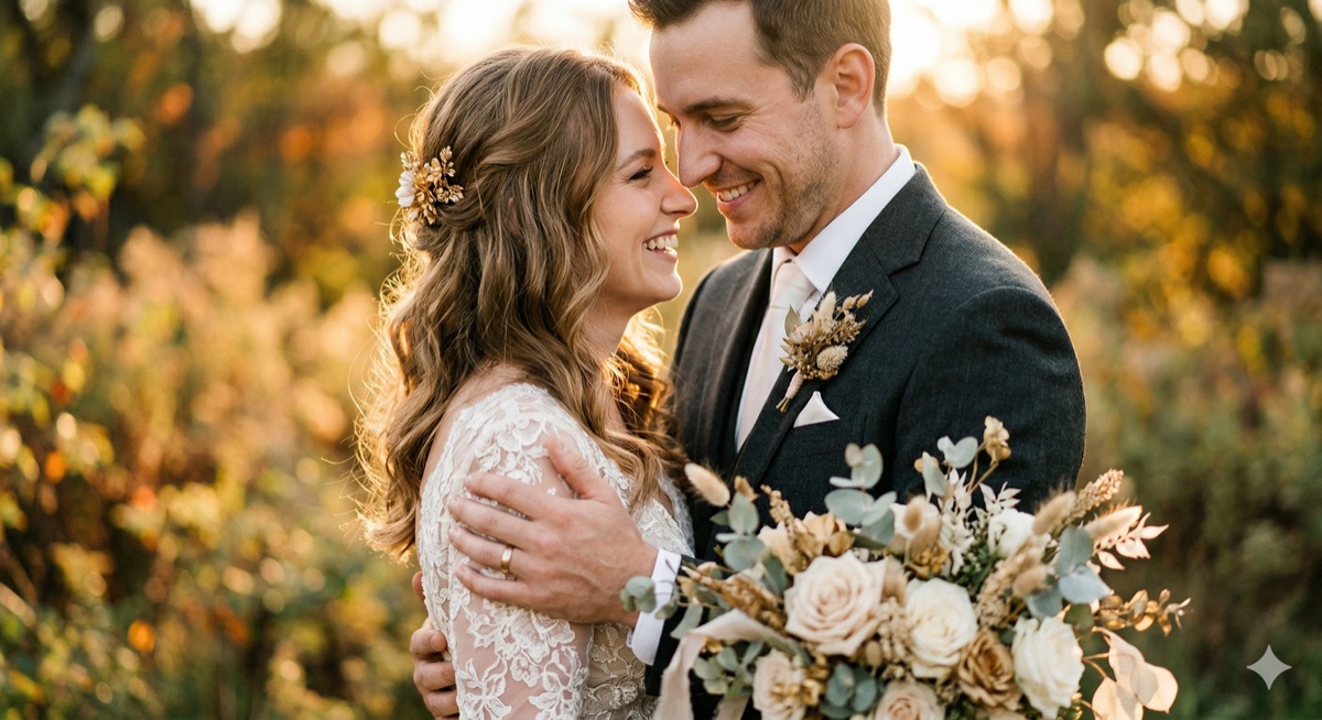 Wedding couple in golden hour light